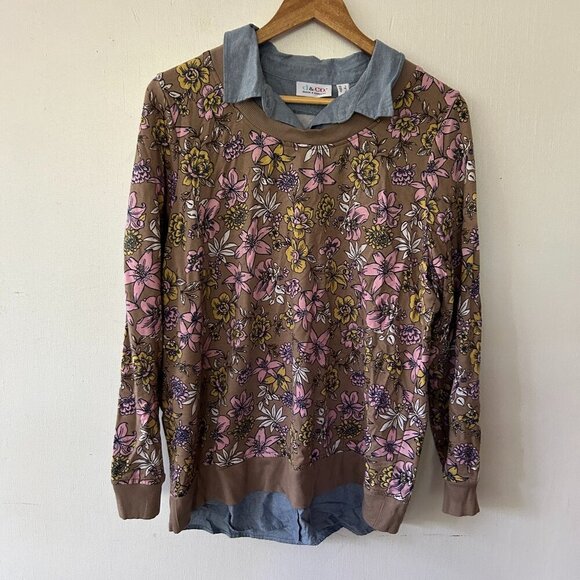 D&Co Collared Sweatshirt Womens Large Pink Floral Mixed Material - Picture 1 of 5